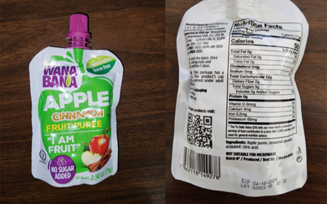 FILE - This photo provided by the U.S. Food and Drug Administration on Oct. 28, 2023, shows a WanaBana apple cinnamon fruit puree pouch. On Monday, Nov. 13, 2023, U.S. health officials are warning doctors to be on the lookout for possible cases of lead poisoning in children after at least 22 toddlers in 14 states were sickened by lead linked to tainted pouches of cinnamon apple puree and applesauce. Brands include WanaBana brand apple cinnamon fruit puree and Schnucks and Weis brand cinnamon applesauce pouches. The products were sold in stores and online. (FDA via AP, File)