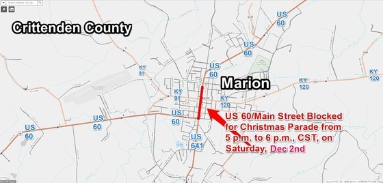 U.S. 60/Main Street Blocked for Christmas Parade in Downtown Marion on Saturday Evening, Dec. 2