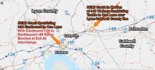 UPDATE:  SEMI Crash at I-24/I-69 Exit 42 Interchange in Lyon County is Cleared