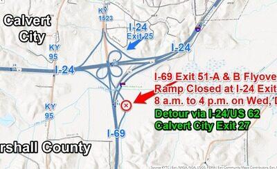 Daytime Closure of I-69 Northbound Exit 51-A & B Flyover Ramp in the I-24/I-69 Interchange near Calvert City on Wednesday, Dec. 13