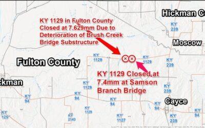 KY 1129 in Fulton County Closed at Samson Branch  Bridge Due to Erosion Damage