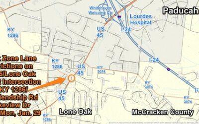 Work Zone Lane Restrictions along U.S. 45/Lone Oak Rd at KY 1286/Friendship Rd and Lakeview Dr. in McCracken County to Start Monday, Jan 29