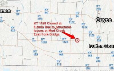 KY 1128 In Fulton County Closed at 6.3mm Due to Structural Issues at Mud Creek East Fork Bridge