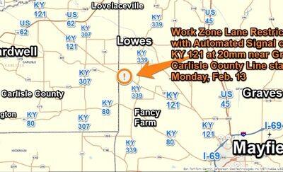 KY 121 Restricted to One Lane at the 20mm near the Graves-Carlisle County Line starting Monday, Feb. 12