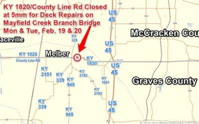 KY 1820/County Line Rd to Close at 5mm in Graves County on Monday & Tuesday, Feb. 19 & 20