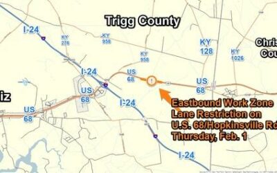 Eastbound Work Zone along U.S. 68/Hopkinsville Road at 26mm in Trigg County on Thursday, Feb. 1