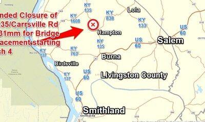 Extended Closure of KY 135/Carrsville Rd in Livingston County Starts Monday, March 4