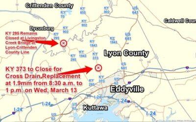 Section of KY 373 in Lyon County to Close at 1.9mm on Wednesday, March 13