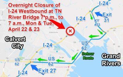 Overnight Closures of I-24 Westbound Lanes near Tennessee River Bridge Planned Monday & Tuesday