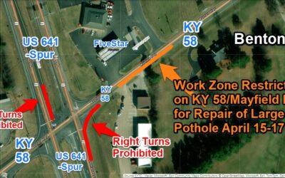 Work Zone for Repair of Large Pothole On KY 58 near U.S. 641-Spur West of Benton starts April 15