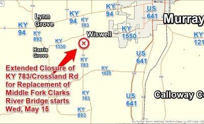 Extended Closure of KY 783/Crossland Rd at 4.1mm in Calloway County Starts Wednesday, May 15