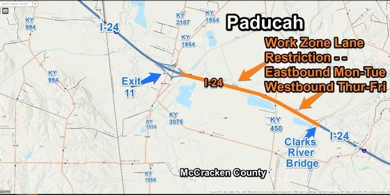 Lane Restriction on I-24 at 11 to 13.5mm in McCracken County Starting Tuesday, June 25