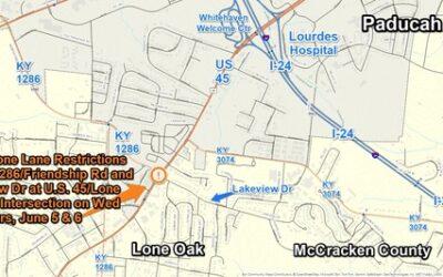 Work Zone Lane Restrictions on KY 1286/North Friendship Rd and Lakeview Drive at U.S. 45/Lone Oak Rd Intersection in McCracken County on Wednesday & Thursday