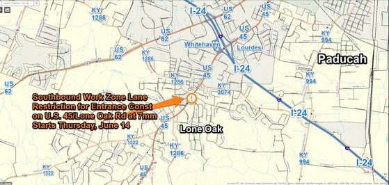 Southbound Work Zone Lane Restriction on U.S. 45/Lone Oak Rd on Thursday & Friday, June 13 & 14