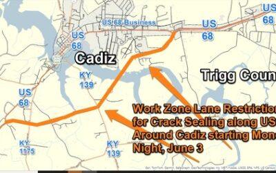 Overnight Work Zone for Crack Sealing along U.S. 68 at Cadiz in Trigg County Starts Monday Night