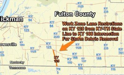 Daytime Work Zone along KY 125 (Union City Highway) in Fulton County for Storm Debris Removal