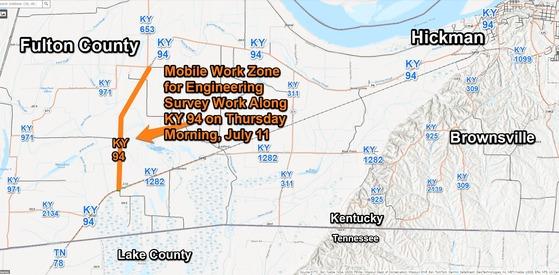 Mobile Work Zone along KY 94 in Lower Bottoms of Fulton County on Thursday, July 11