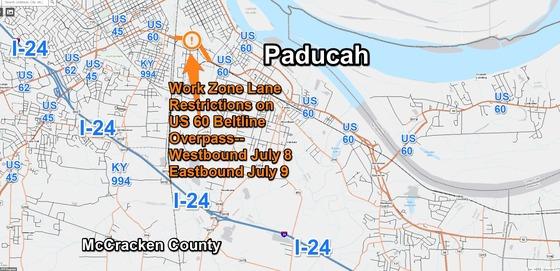 Work Zone Restriction on U.S. 60 (Irvin Cobb Drive) Beltline Overpass in Paducah Today & Tuesday