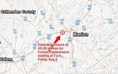 Extended Closure of U.S. 60 at 8mm in Crittenden County for Culvert Replacement Starting August 2