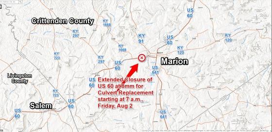 Extended Closure of U.S. 60 at 8mm in Crittenden County for Culvert Replacement Starting August 2