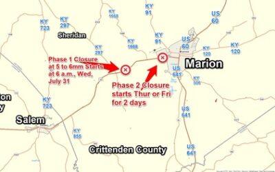 Extended Closures of U.S. 60 West of Marion in Crittenden County Over About 4 Days starting Wednesday, July 31