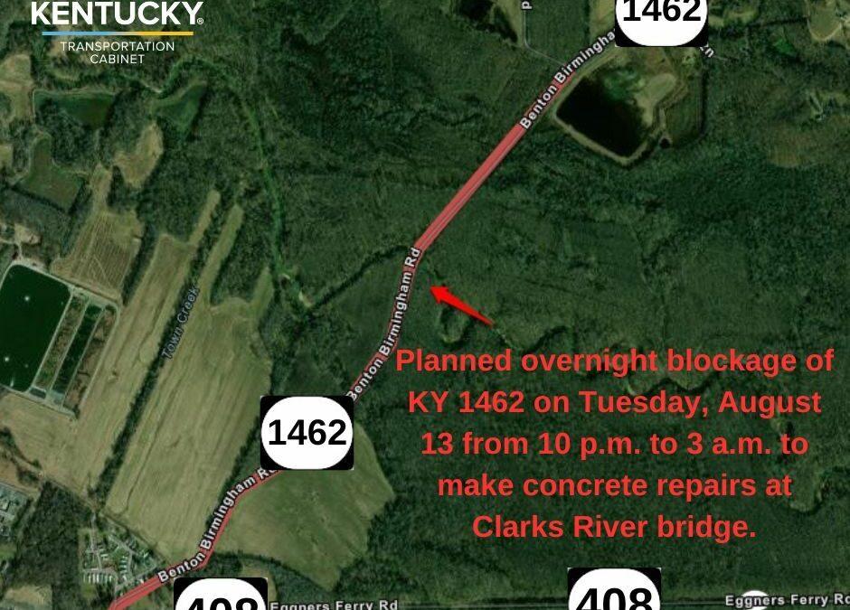 Overnight Blockage Scheduled on KY 1462 in Marshall County Next Tuesday